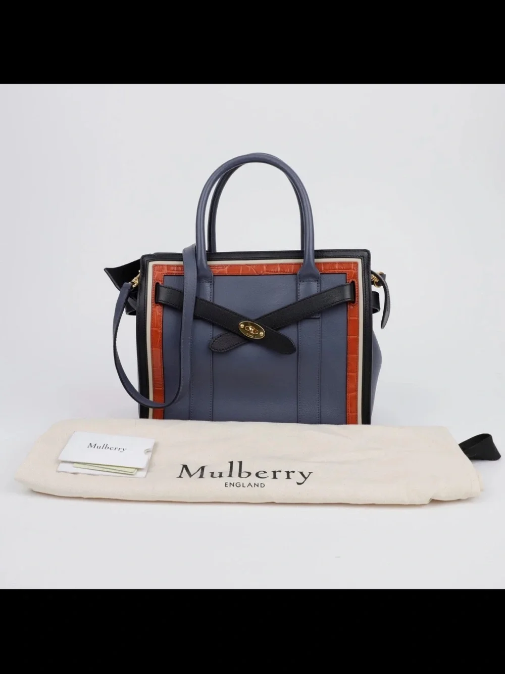 Mulberry Blue and Brown Trim Leather Satchel with Black Strap Detail
